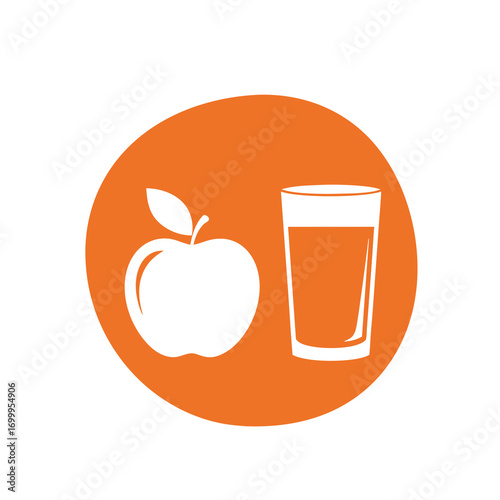 A simple and minimalist flat icon featuring the silhouette of an apple and a glass of juice inside a circle. A clean symbol for health, food, and beverage concepts.