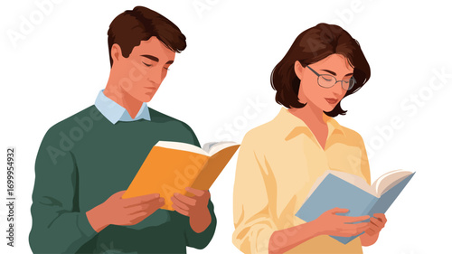 A digital illustration depicts a young man and a young woman, both engrossed in reading books. The man is on the left side, wearing a green sweater and holding a yellow book.