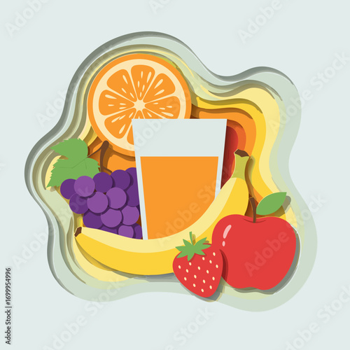 A colorful composition of summer fruits and juice, designed with a 3D layered paper craft effect. An artistic applique-style illustration perfect for creative projects.