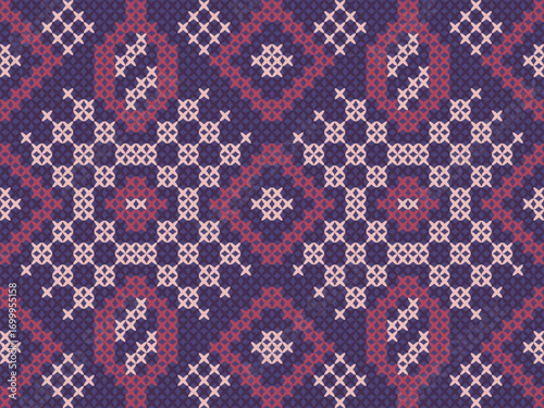 These knitted textile patterns feature symmetrical geometric motifs, blending diamonds, crosses, and floral-like shapes in rich contrasting colors, creating a bold, traditional yet modern aesthetic