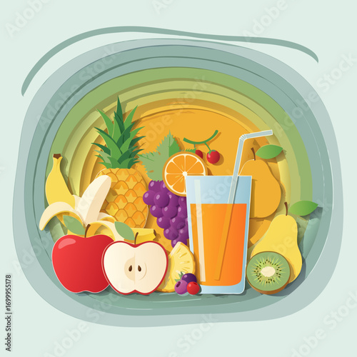A variety of fresh fruits and a glass of juice arranged in a vibrant 3D paper cut art style. A creative concept for healthy eating, summer, and nutrition themes.