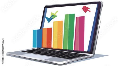 The image shows a silver laptop computer in a three-quarter perspective view.  Its screen displays a vibrant, colorful bar graph illustrating upward growth.  The bars are various shades of blue,