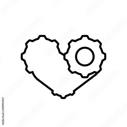A stylized heart shape formed by gears, with one gear overlapping the heart's upper right side.
