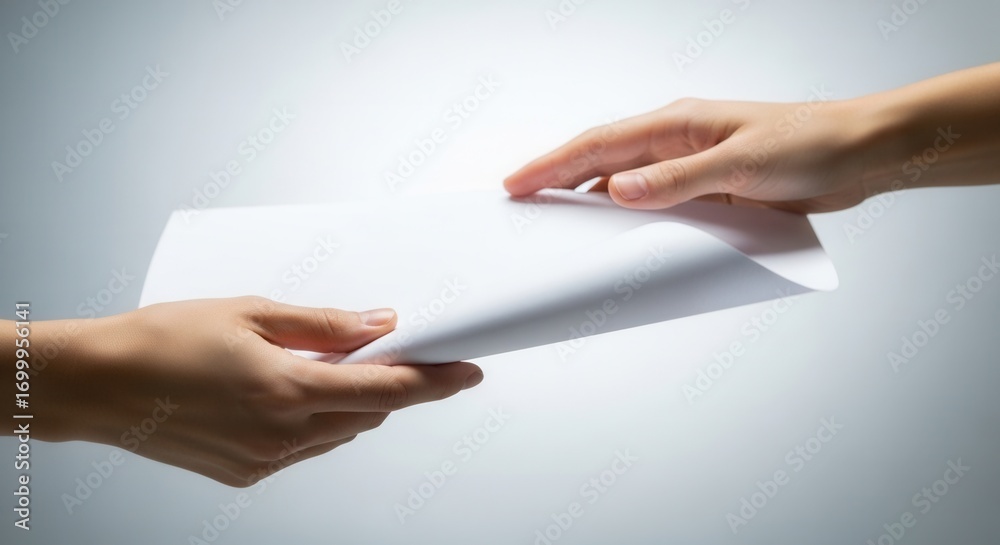 Obraz premium Two hands exchange a white sheet of paper on a plain brightly lit background