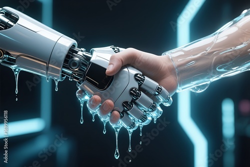 Cybernetic Bond: A captivating illustration showcasing a human hand intertwined with a robotic counterpart in a futuristic handshake.