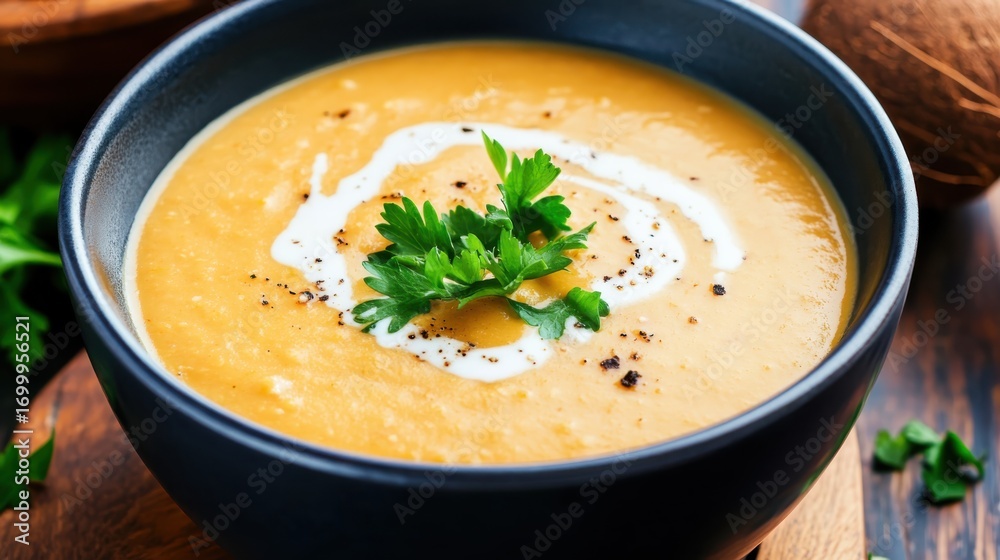 A warm lentil soup with a swirl of coconut cream, healthy and hearty A warm lentil soup with a swirl of coconut cream, healthy and hearty