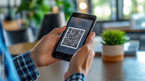 Customer scanning a QR code for a digital review system, enhancing business credibility through user engagement, high-resolution stock image