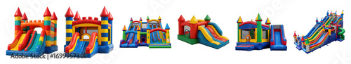 Inflatable bounce house set including colorful castles, slides, and combo units isolated. Children's party and event entertainment.