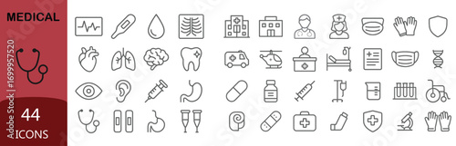 Medical and healthcare line icons set – hospital, doctor, medicine, pharmacy, emergency, laboratory and treatment symbols