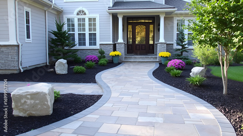 Stamped concrete flagstone walkway leading to house entrance