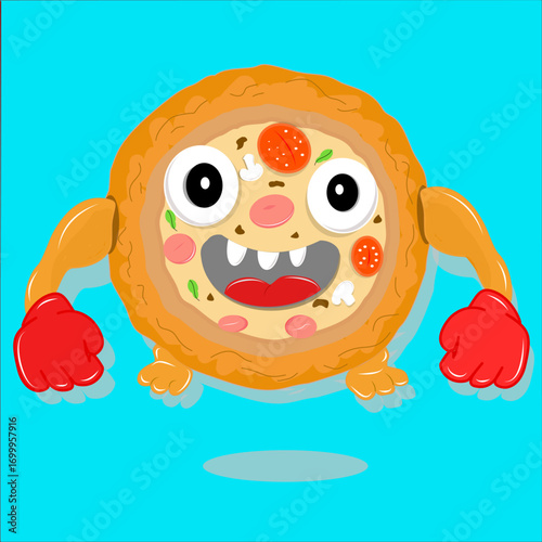 Vector icon of a funny pizza bread monster with expressive face and red boxing gloves. Cute cartoon character perfect for logo, sticker, game asset, mobile app, esport mascot, and digital design.