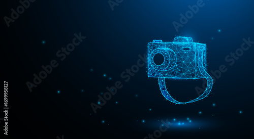 Classic camera, ordinary camera, designed in a graphic technology line style, blue tone, lines connected to form many triangles, forming a camera.