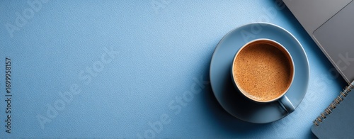 A top-down shot of a coffee cup on a saucer, with a laptop and notebook on a blue desk