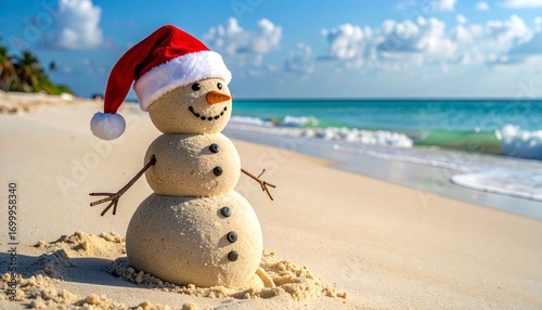 Fototapeta Naklejka Na Ścianę i Meble -  Minimalist Smiling sandy snowman in red santa hat on the sea beach