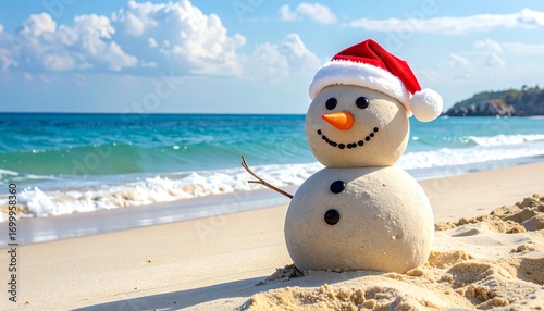 Fototapeta Naklejka Na Ścianę i Meble -  Minimalist Smiling sandy snowman in red santa hat on the sea beach