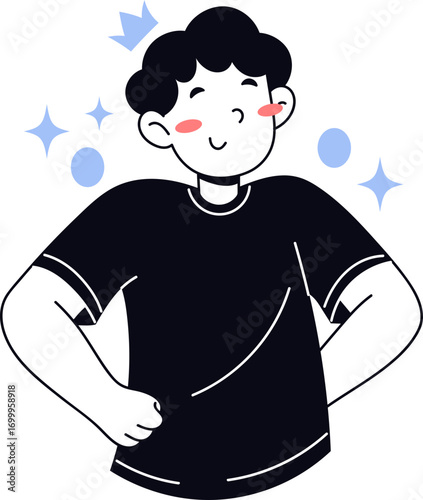 Illustration of a Joyful Person Wearing a Dark Blue T shirt and a Small Crown, Surrounded by Sparkles and Circles, Conveying a Sense of Happiness and Confidence