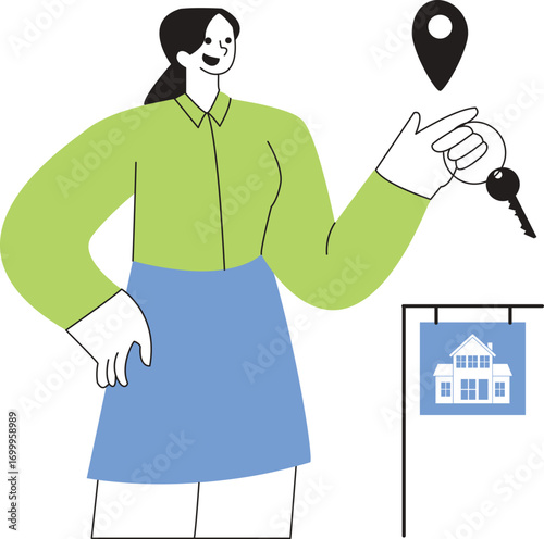 Real Estate Agent Holding House Keys and Location Pin, Standing Next to a for Sale Sign with a House Illustration