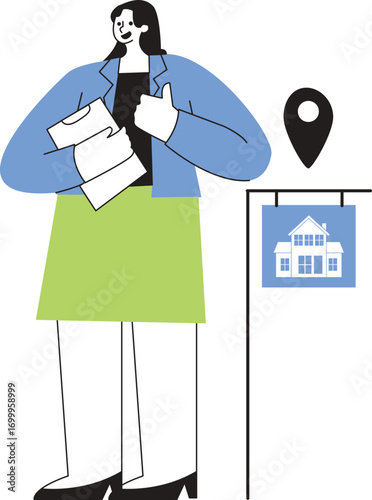 Professional Real Estate Agent Gesturing Thumbs Up Holding Documents Beside House for Sale Sign and Location Pin
