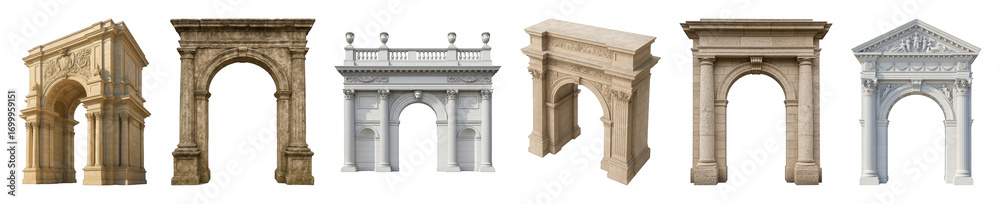 Fototapeta premium Classical arches set including ancient, ornate, stone, and monumental designs isolated. Architectural design elements and landmarks.