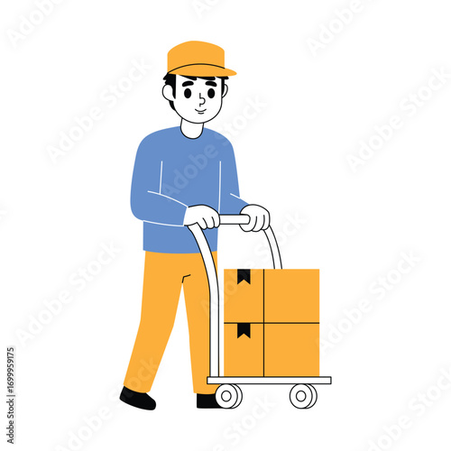 Cartoon Delivery Man Pushing a Cart Loaded with Boxes, Representing Logistics and Shipping Services