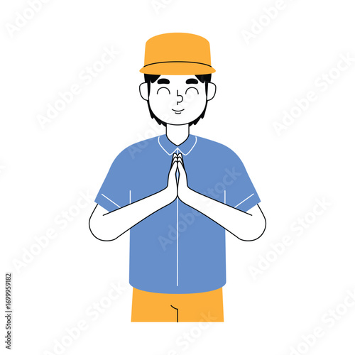 Friendly Cartoon Man Wearing a Blue Shirt and Yellow Cap, Palms Together in a Greeting Gesture