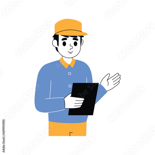 Delivery Person in Blue Uniform and Yellow Cap Holding a Clipboard and Tablet, Gesturing with Hand