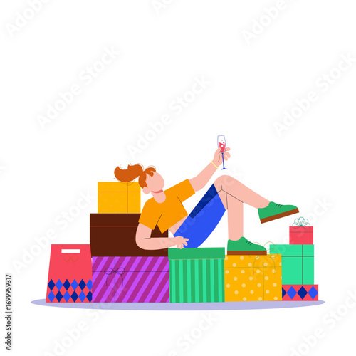 A Young Woman Lounging on a Pile of Colorful Gift Boxes While Holding a Wine Glass, Illustrating Celebration and Relaxation