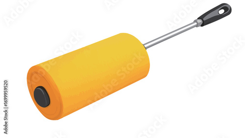 A close-up studio shot of a yellow cylindrical foam roller with a black circular end cap and a silver metal handle against a white background. The foam roller is slightly angled to the right.