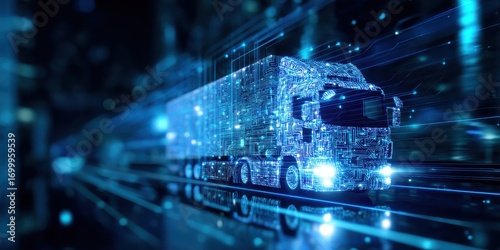 A futuristic digital truck is depicted with glowing circuitry and motion lines, symbolizing advanced technology in transportation.