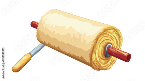 A digital illustration depicts a cylindrical roll of pale yellow dough wrapped around a red and yellow handled rolling pin. The dough appears soft and slightly textured. The illustration style is
