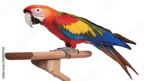 A close-up studio shot of a Scarlet Macaw perched on a light brown wooden perch against a pure white background. The bird is vividly colored with red, yellow, blue, and green feathers. 