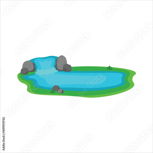 Flat Fish Pond with Small Waterfall Vector Flat Illustration