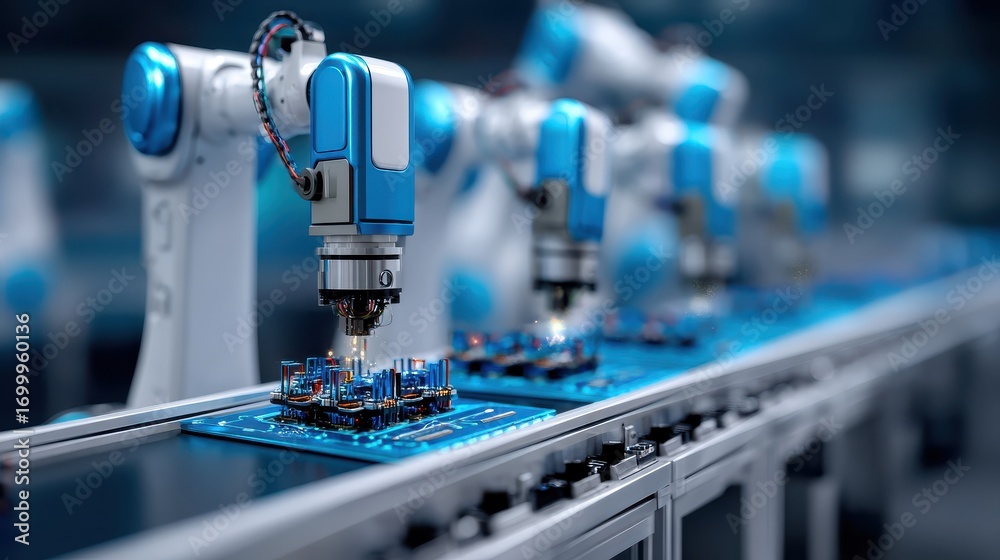 Fototapeta premium A futuristic scene of robotic arms assembling electronic circuits on a production line, showcasing advanced manufacturing technology.