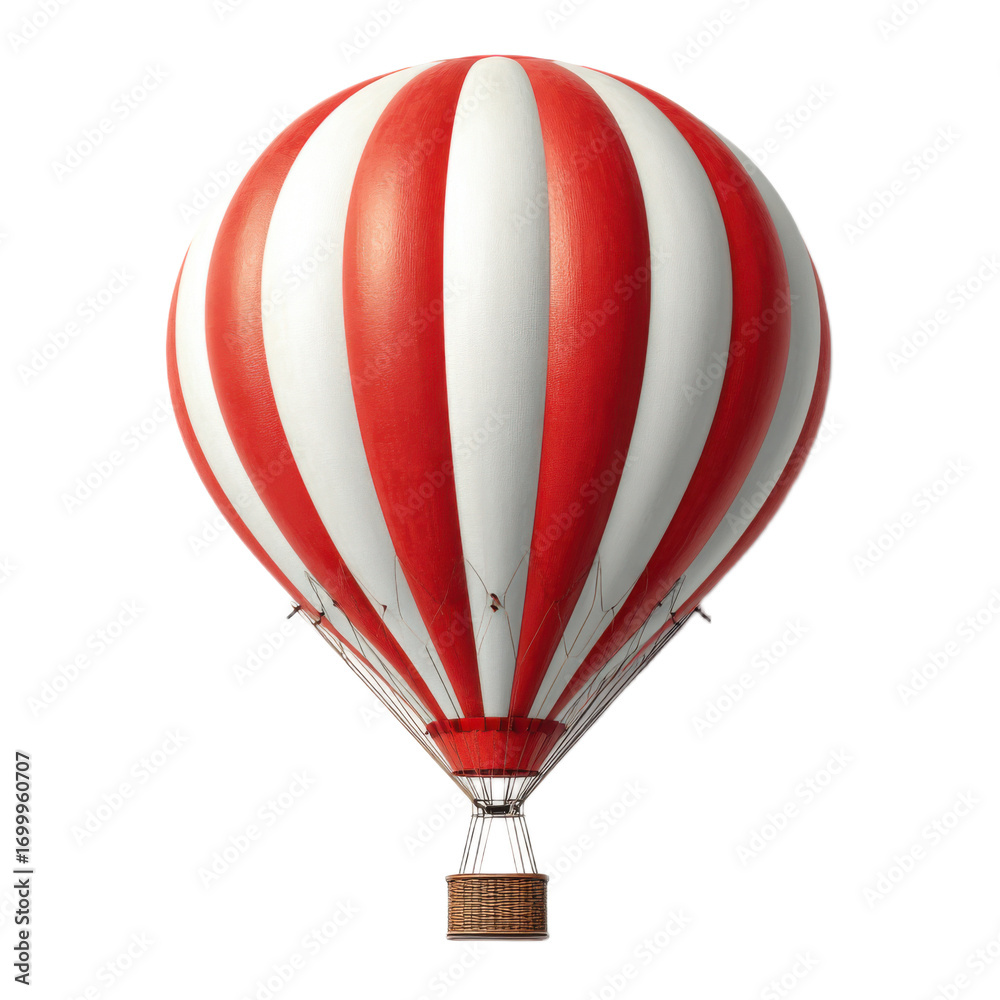 Fototapeta premium A red and white hot air balloon with a basket