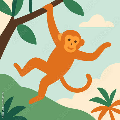 A cheerful orange cartoon monkey swings playfully from a tree branch in a vibrant jungle scene with green foliage and a blue sky.