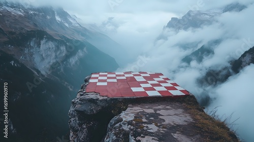 Chessboard on a rock ledge overlooking foggy mountain valleys Clouds Outdoors Nature
