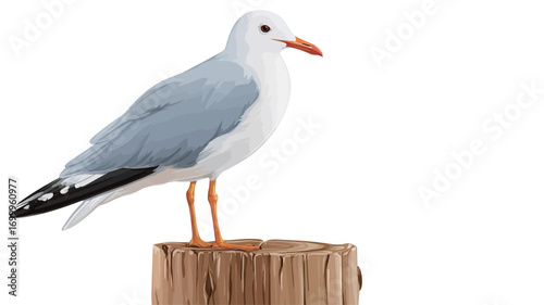 A detailed close-up shot of a seagull standing on a weathered wooden post against a pure white background. The seagull is predominantly white with gray wings and a black tipped tail.  