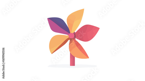 A digital illustration of a pinwheel with five blades. Each blade is a different vibrant color, created with gradients for a smooth color transition. The colors include shades of pink, purple