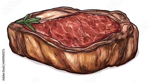 A close-up illustration of a grilled steak. The steak is shown from an angle, revealing its texture and marbling.  It appears to be cooked to a medium-rare doneness, exhibiting a reddish-pink