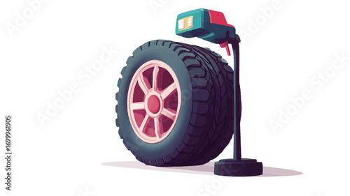 A digital illustration depicting a large tire with a prominent tread pattern and a red rim.  Beside it is a tire pressure gauge, rendered in a stylized, almost cartoonish, manner with teal