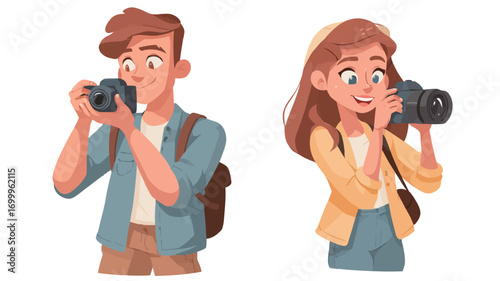 The image is a digital illustration depicting a young man and a young woman, both holding DSLR cameras and appearing to take photographs.  The man has short brown hair, is wearing a light blue