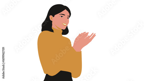 A digital illustration depicting a young woman with shoulder-length brown hair wearing a yellow turtleneck sweater and dark-colored skirt.  She is shown from the waist up