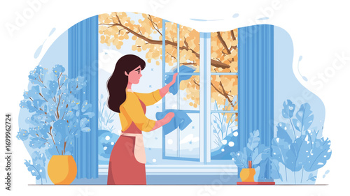 A digitally created illustration depicting a young woman cleaning a window.  The style is flat vector illustration with a cartoonish aesthetic. The woman is shown from the knees up