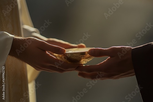 Two hands gently exchange a golden chalice, symbolizing communion, faith, and religious ceremony.