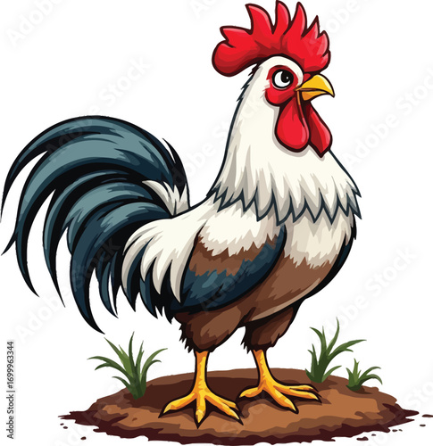 Cartoon-style rooster with red comb and blue tail feathers standing on dirt patch, vibrant farm animal vector illustration