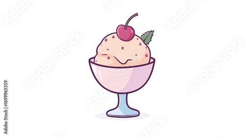 A digital illustration depicting a cartoon ice cream sundae in a pink glass bowl on a clear glass stem. The ice cream is light pink with small specks and a simple, cute cartoon face. 