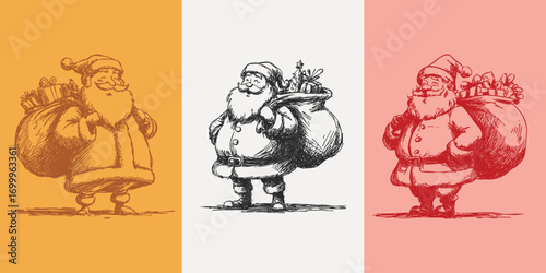 Vintage line sketch illustration of three Santa Claus figures with large gift sacks, festive retro doodle holiday artwork collection.