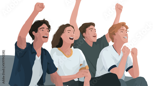 A digital illustration depicts four young adults, two men and two women of diverse appearances, seated on a couch.  They are jubilantly celebrating, with arms raised in the air,