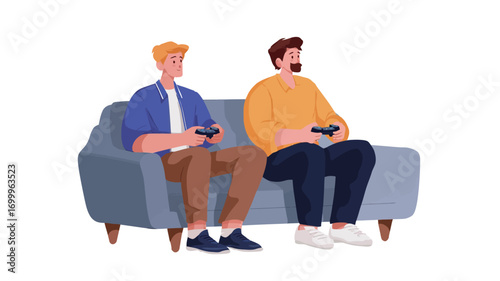 A digital illustration depicting two young men sitting on a gray couch, each holding a video game controller.  The men are depicted in a casual, relaxed manner. One man has blonde hair