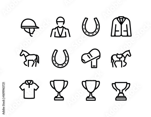 Horse Racing Icon Set – Vector Silhouette of Racehorse, Jockey, Saddle, Track Symbol, Sport Competition Logo for Branding, Outline Design, Print, Web, Poster, Graphic Artwork
